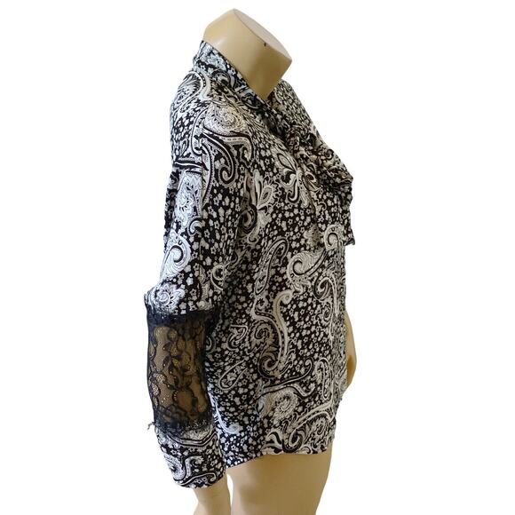 EXPRESS Womens Size XS Paisley Lace Sleeve Tie Neck Button Up Shirt Top - Picture 3 of 8